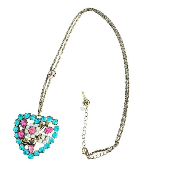 Betsey Johnson Signed Pink and Blue Gem Floral Heart Necklace on Bronze Chain - Picture 1 of 7